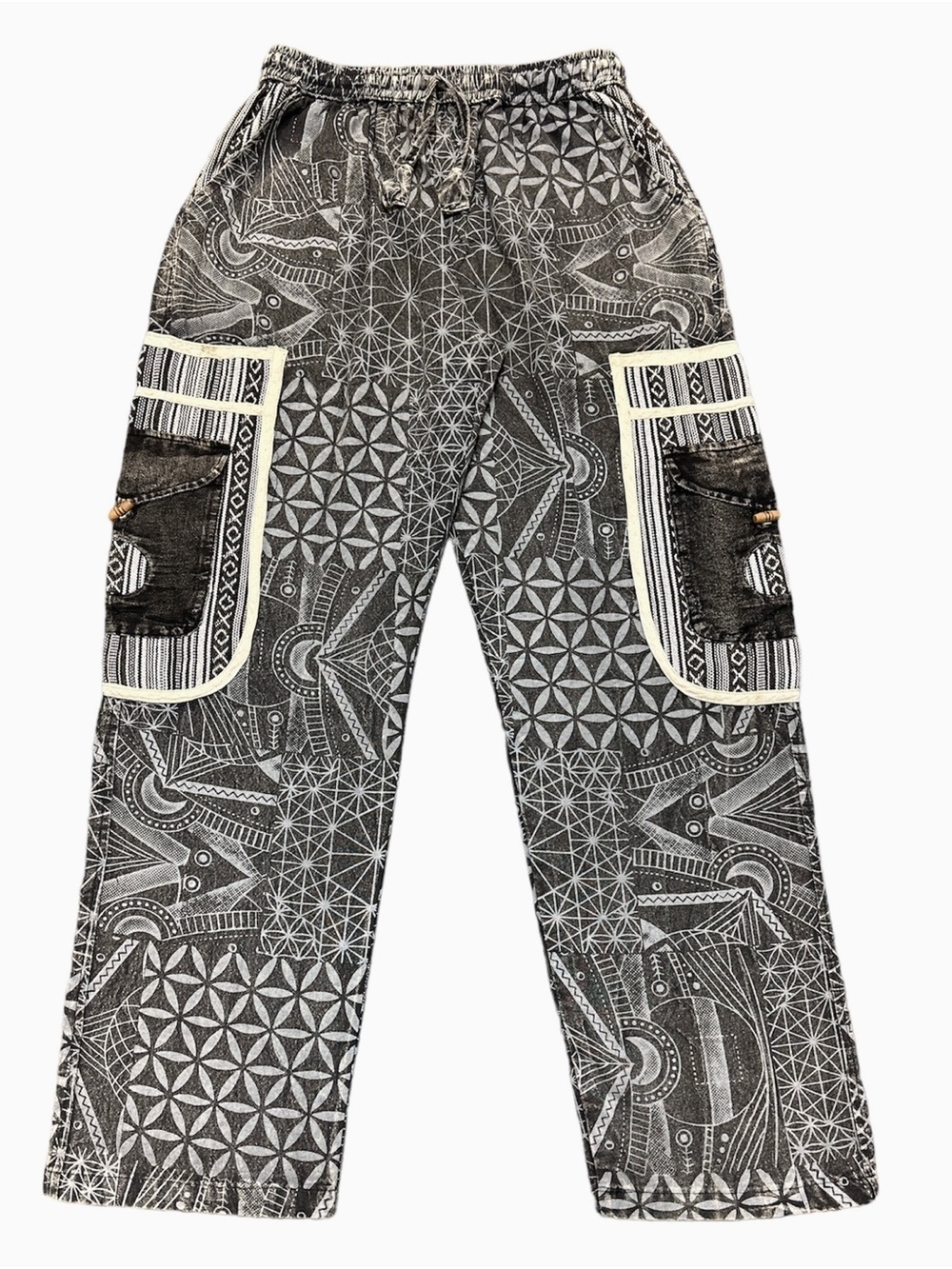 **NEW**Black Patterned Cargo Pants with Cream Trim